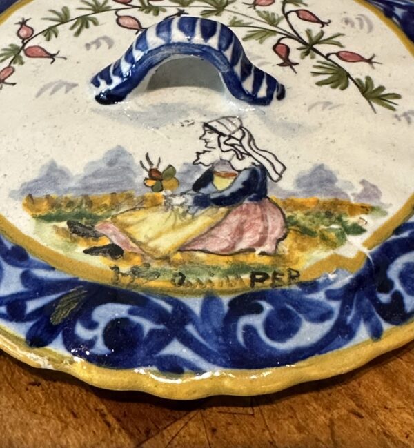 Close up of lid to a French Faience Covered Dish