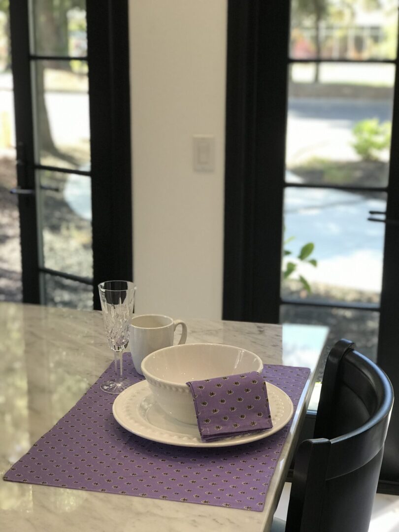 Coated Cotton Wipeable Placemat with purple cloth