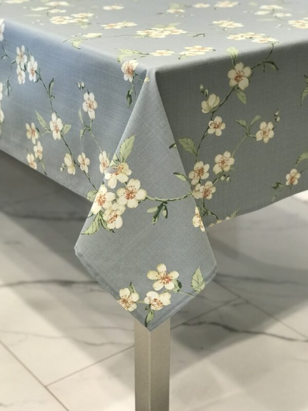 French Cerises Blue Wipeable Cotton Coated Tablecloth