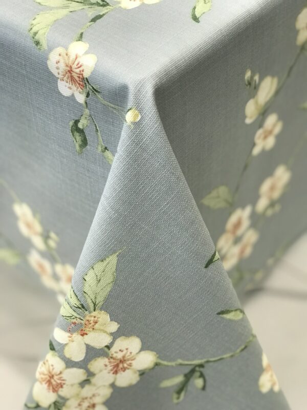 French Cerises Blue Wipeable Cotton Coated Tablecloth